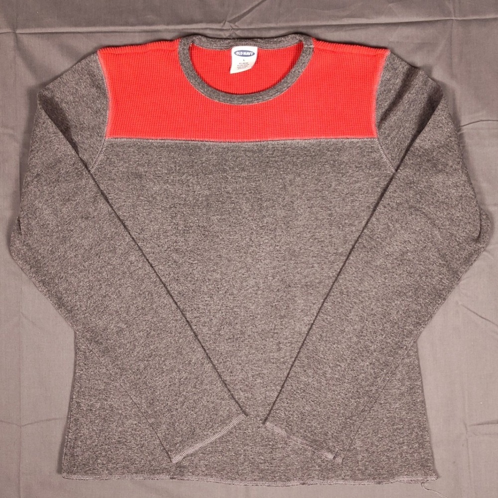 Old Navy Womens Large Gray Red Colorblock Waffle Knit Long Sleeve T-Shirt